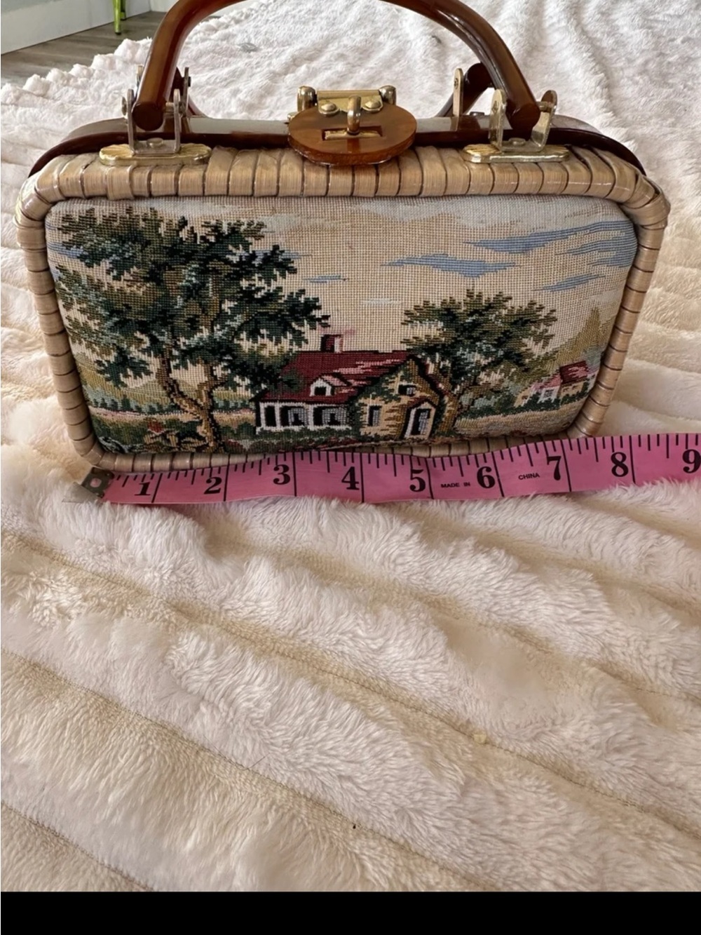 Vintage Tapestry Box Handbag with Amber Handles - Picture 2 of 10